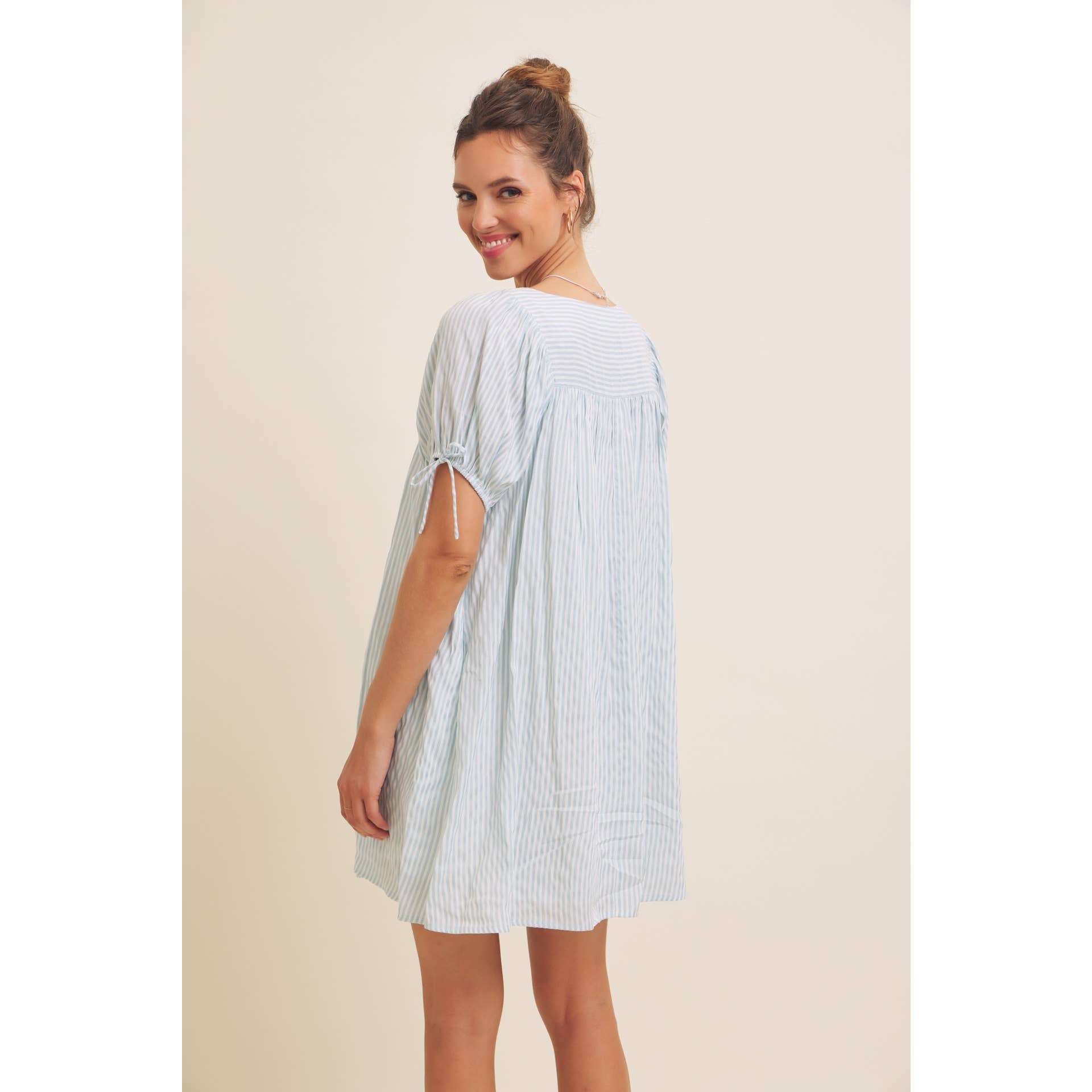 in february - Wholesale Dress - Women's - SQUARE NECK STRIPE FLARE MINI DRESS WITH BOW ON THE SLEEVES19