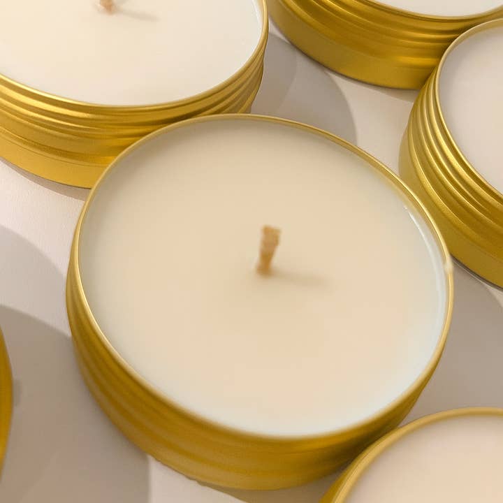 Candle Cabana - Wholesale Jar/Filled Candle - 2oz Unlabeled Gold Travel Tin Soy Candle- Bulk Private Label
