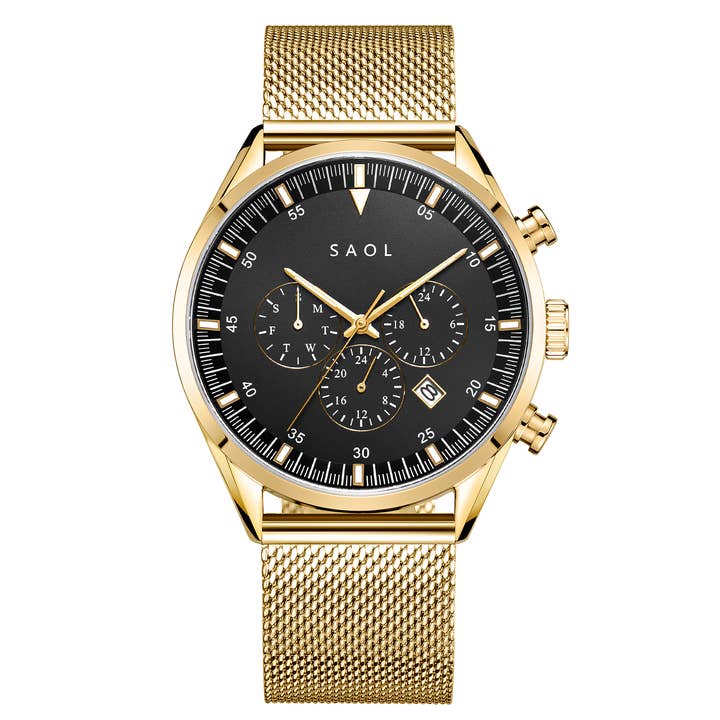 Chronograph 43 - Men's Luxury Watch - Gold | Black w/gold mesh for wholesale by SAOL Watches