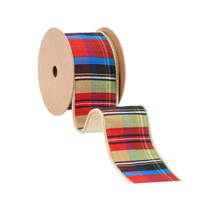 LA Ribbons Wholesale - Wholesale Ribbon - Gift Wrapping - Wired Plaid Ribbon with Gold Dupioni Backing, 10 Yard Roll2
