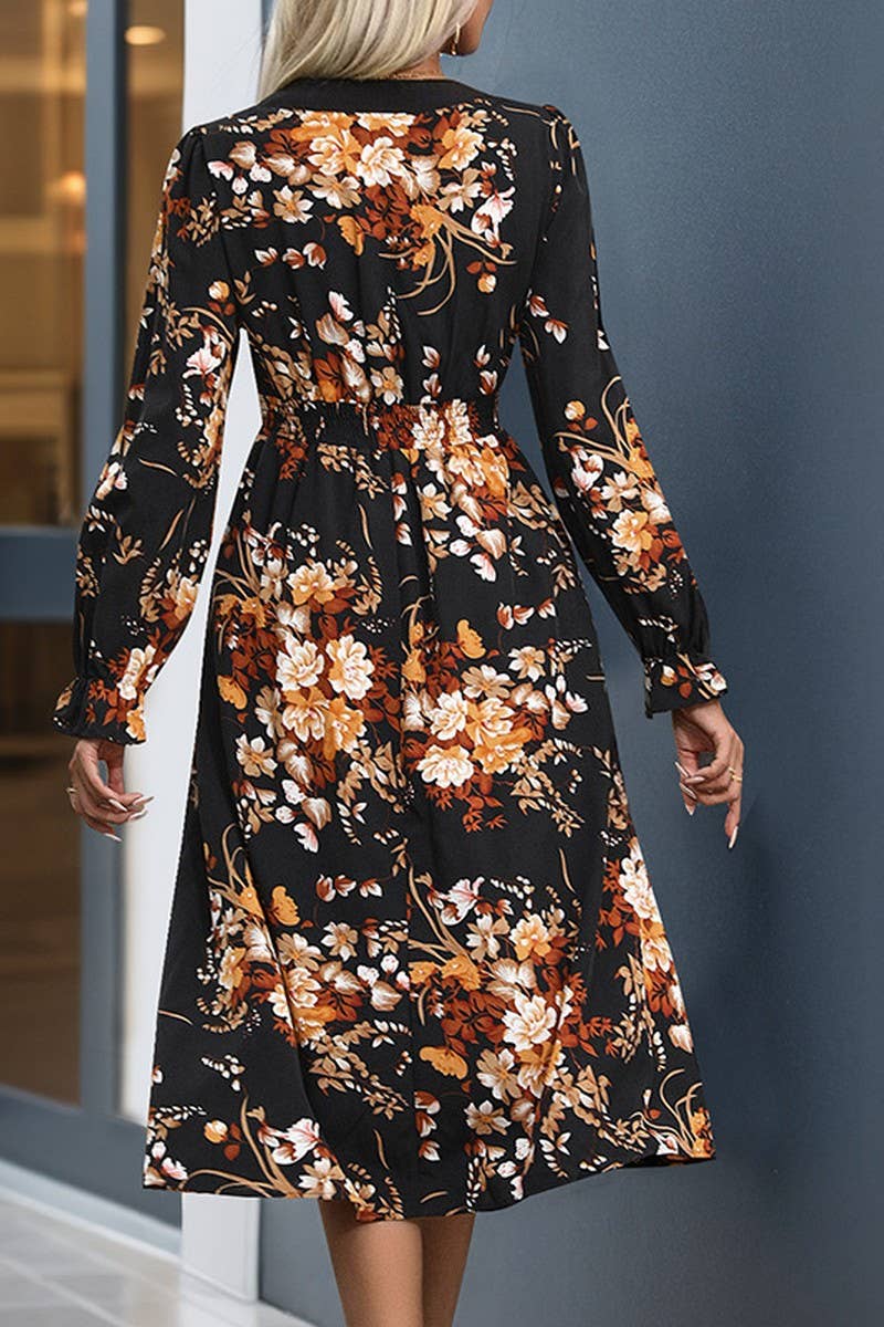 BLACK CWDMD3568_V-NECK PRINTED LONG-SLEEVED MIDI DRESS for wholesale on Faire3