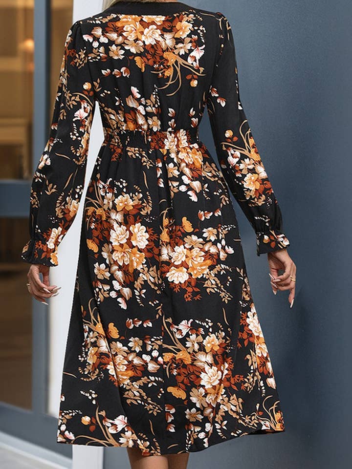 BLACK CWDMD3568_V-NECK PRINTED LONG-SLEEVED MIDI DRESS for wholesale on Faire3