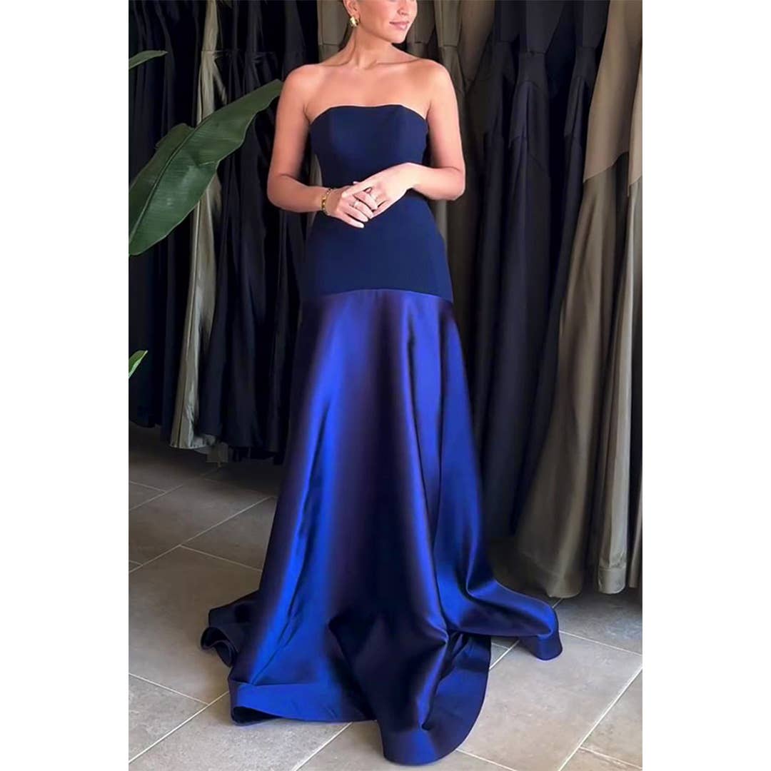 UNISHE – Vestido - Mulher por atacado – Vestido Justo Sem Alças de Cetim Sem Mangas com Blocos de Cor JRM12810