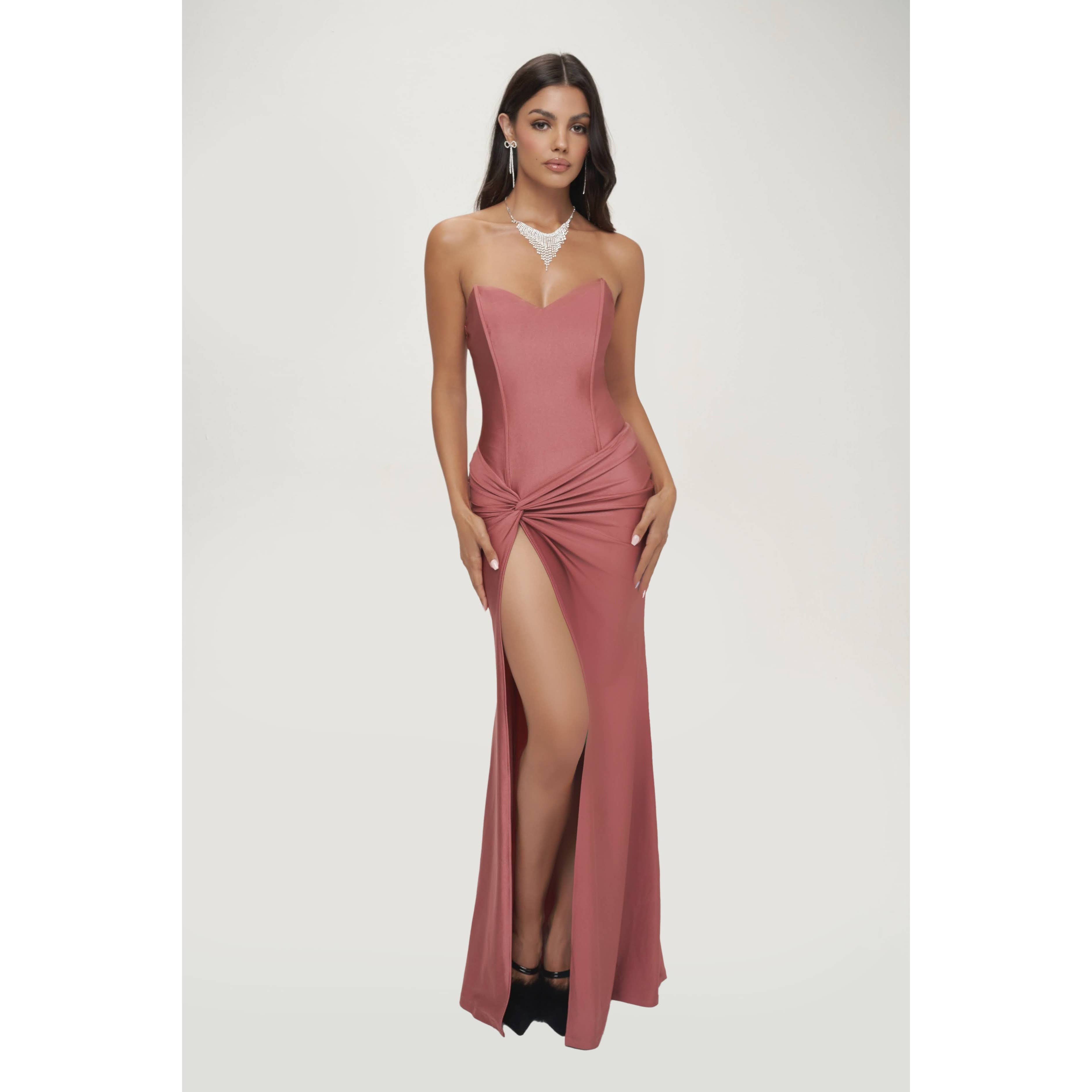 CEFIAN FASHION – Vestido - Mulher por atacado – VESTIDO MAXI DE CETIM AMARA LATERAL TWIST0