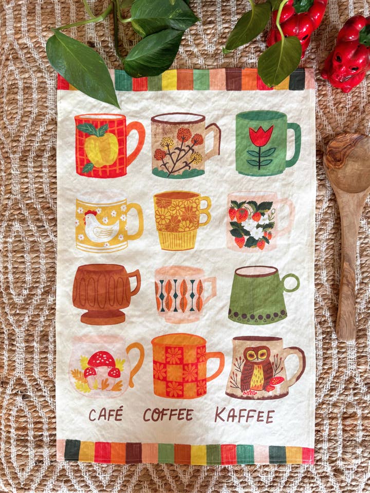Vintage Coffee Mugs Linen Cotton Tea Towel for wholesale by Dream Folk Studio