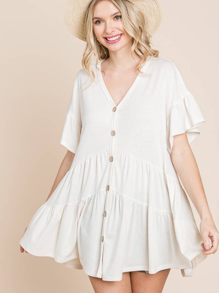 ETK-8705 Solid Tiered Babydoll Button Tunic for wholesale by Emerald Collection