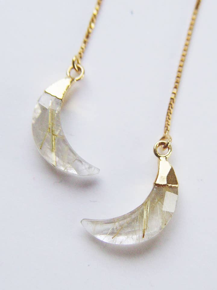 Rutilated Quartz Crescent Moon Gold Filled Earrings. Bohemia for wholesale by Friedasophie