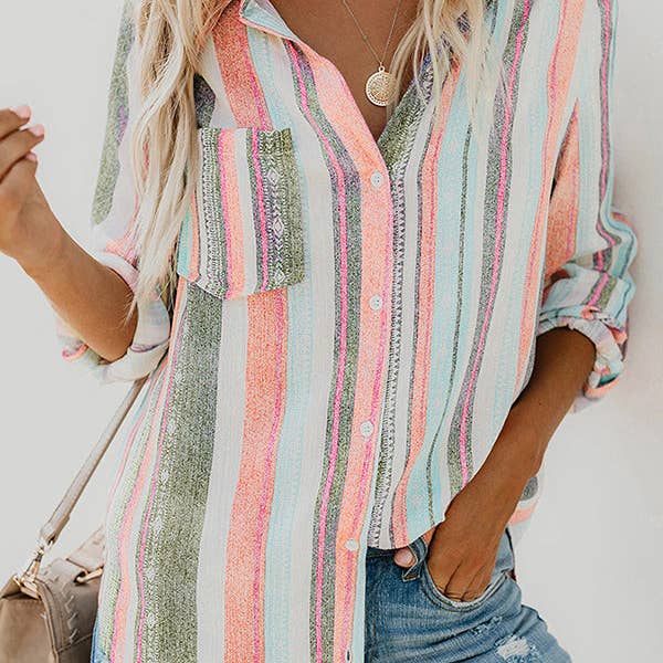 Blusas y camisas con solapa y mangas largas a rayas con bolsillos abotonados para venta al por mayor de UZ Wholesale Store