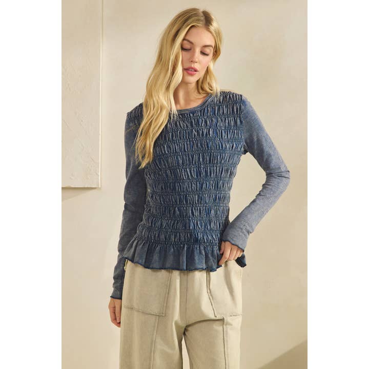 SMOCKED PEPLUM LONG SLEEVE TOP (ST7986) for wholesale by Sage + Fig