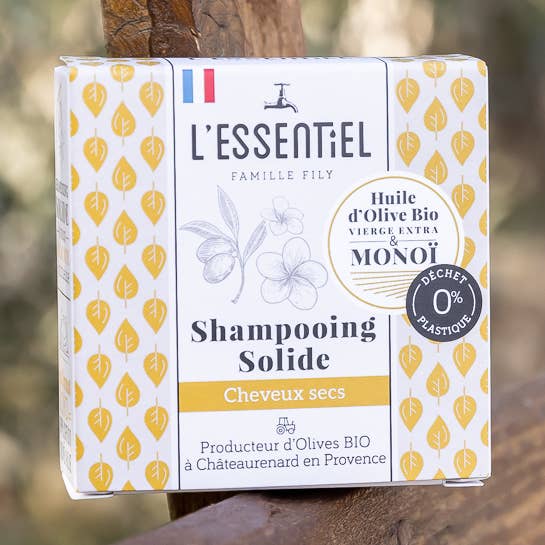 Shampooing solide huile d'olive et monoï pour la vente par L'Essentiel Famille Fily