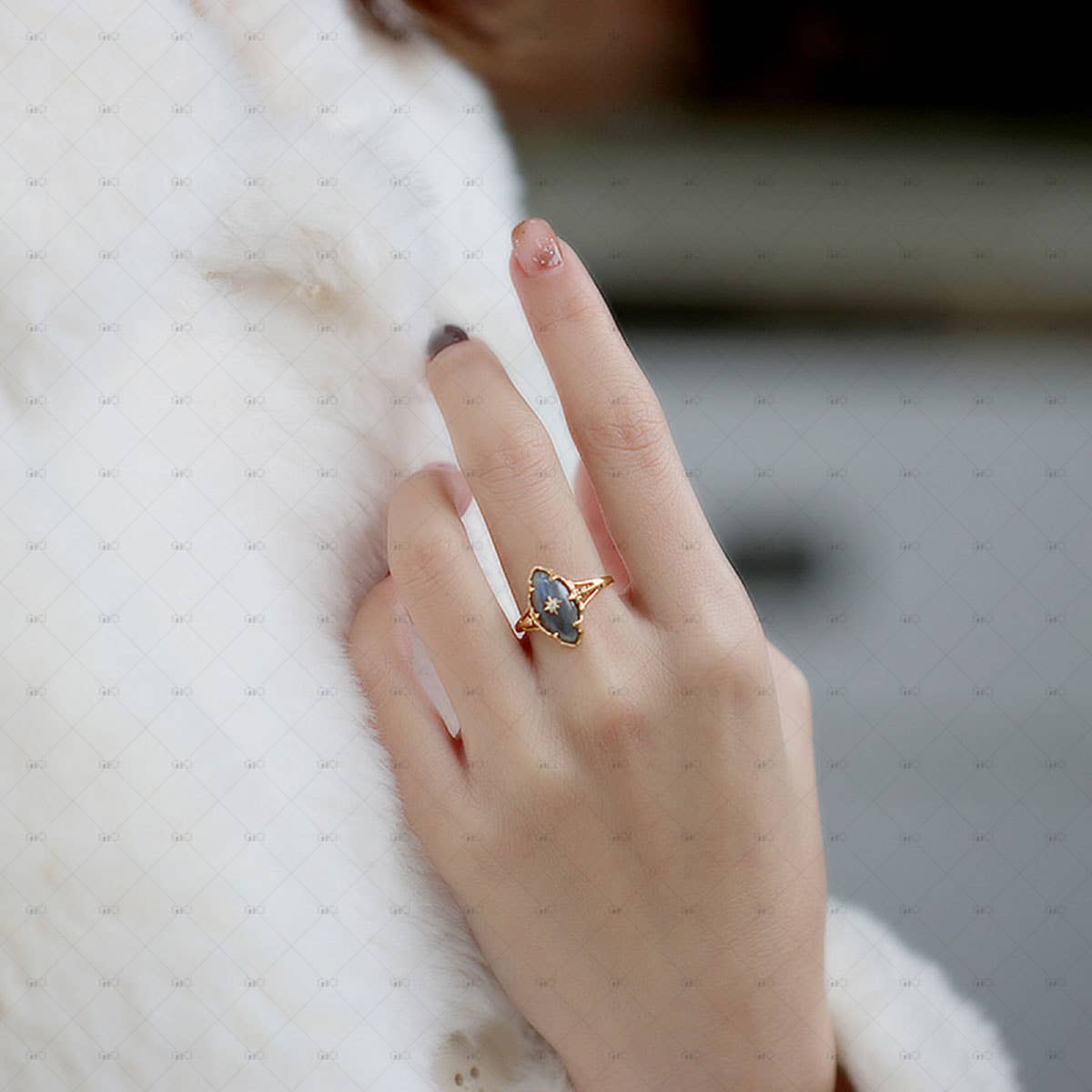 Gioiellin - S925 Silver Jewelry – Anel de cocktail/declaração por atacado – Anel Labradorite Oval Cinzento Estrela S925 Prata 14k com Banhado a Ouro 14k4