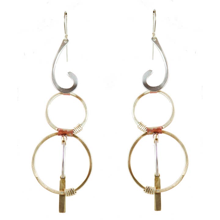 Petites boucles d'oreilles cinétiques en forme de cerceau en nickel argenté et laiton pour la vente par Whitney Designs Ltd.