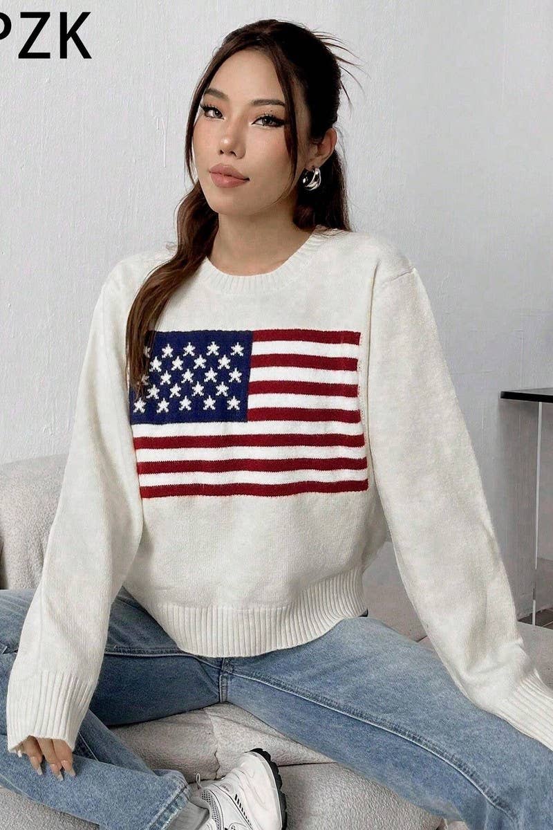 WHITE CWOSWL5753_AMERICAN FLAG LOOSE FIT CREWNECK SWEATER for wholesale on Faire2