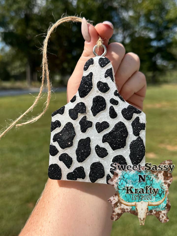 White Cow tag black cow print car freshie for wholesale by Sweet Sassy N Krafty LLC