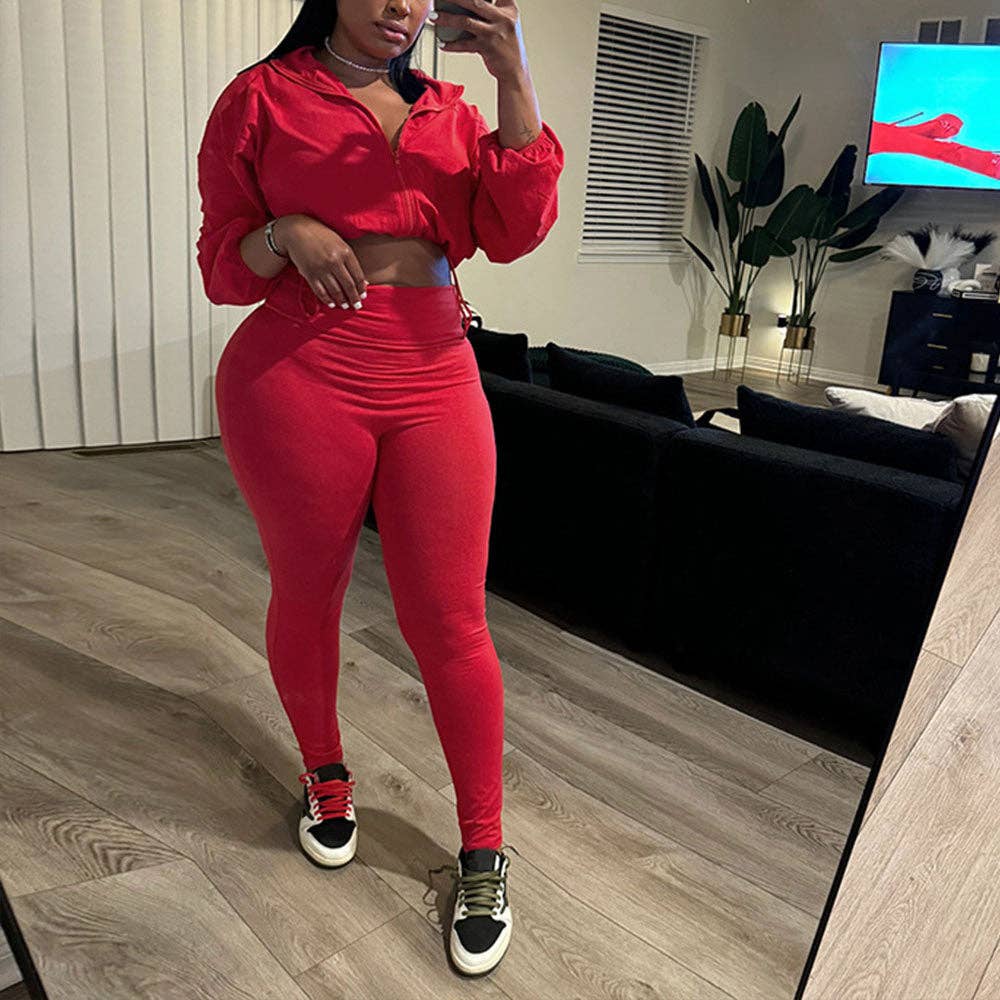 MB Fashion Wholesale - Wholesale Activewear Set - Women's - MB FASHION Zip-Up Crop Jacket & High-Waist Leggings Set 1552LY7