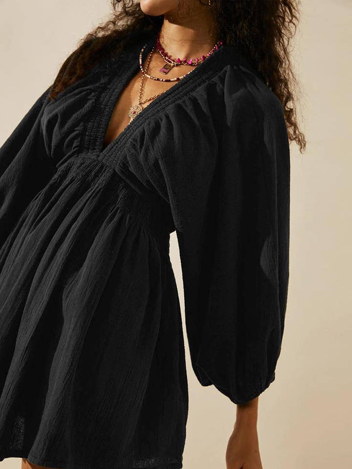 DE VAVE - Wholesale Dress - Women's - Puff Sleeve V-Neck Mini Dress