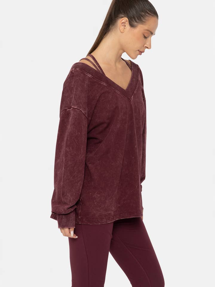 Mono B - Wholesale Shirt - Women's - Mineral Wash Cotton Blend Deep V-Neck Long Sleeve