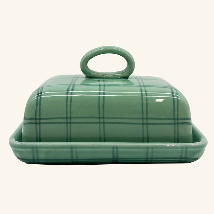 Ceramic gingham butter dish, made in Italy for wholesale by LAMP LDN