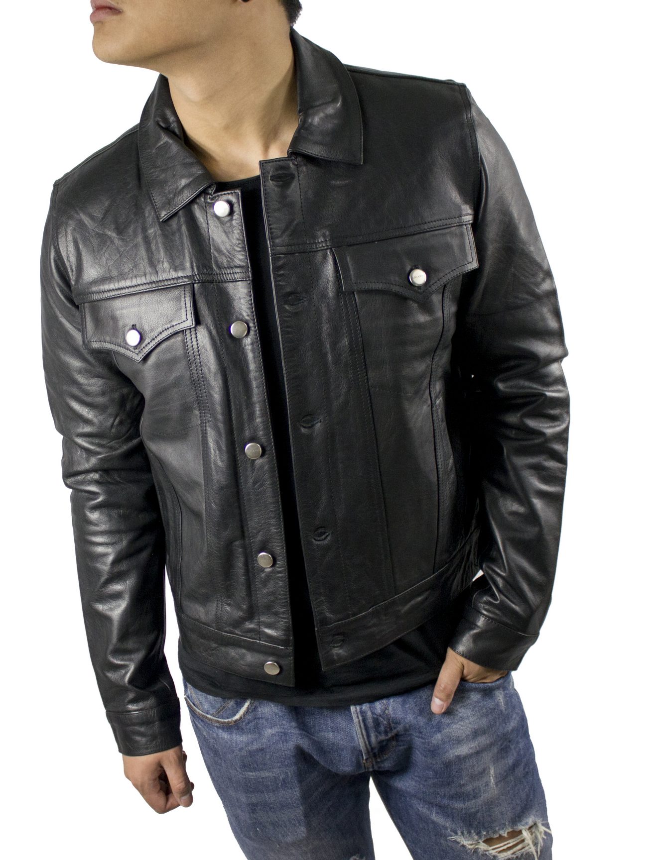 Schwarz Herren Lederjacke Jeans JKT - Cow Waxy für den Großhandel auf Faire0