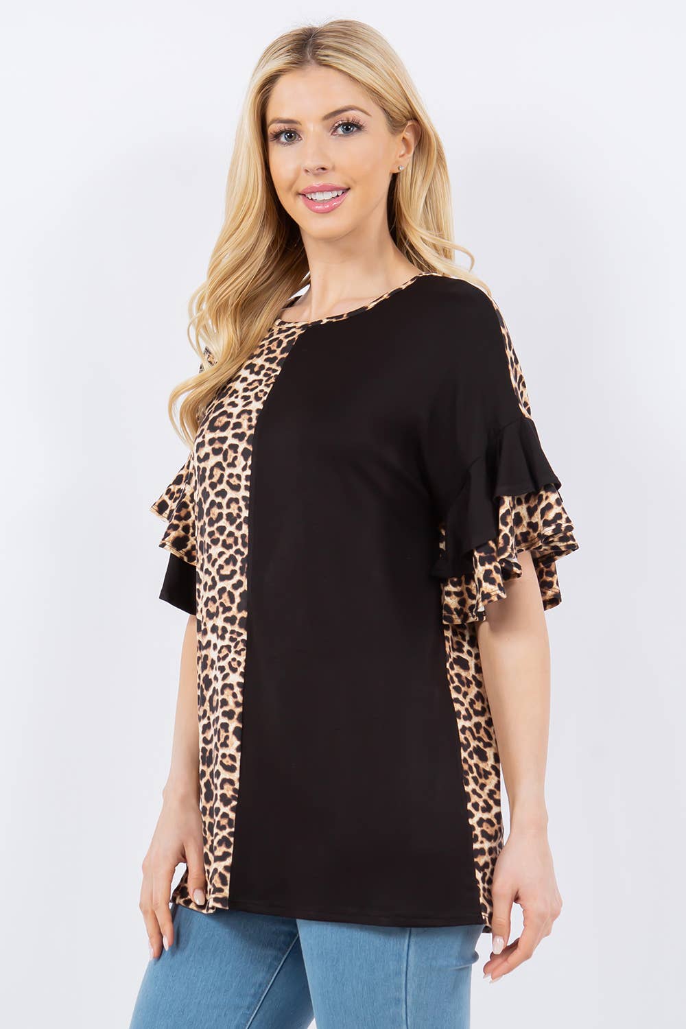 Celeste Clothing – wholesale Blouse – Women’s – ANIMAL PRINT CONTRAST TOP WITH RUFFLE SLEEVES -CT43831B3