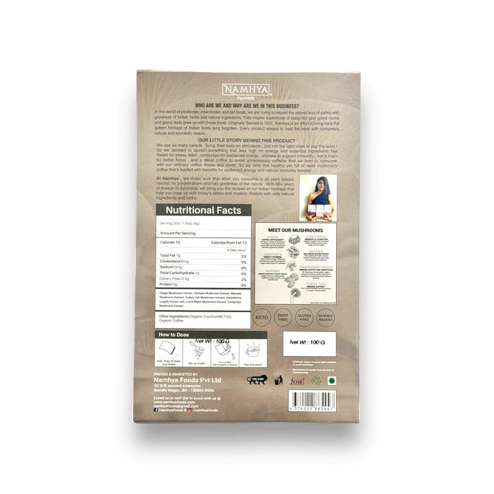Namhya Ayurveda - Wholesale Powdered Health Drink - Mushroom Coffee | Lion’s Mane, Reishi & More| Mind-Boosting, Jitter-Free Energy | Focus - Immunity - Energy