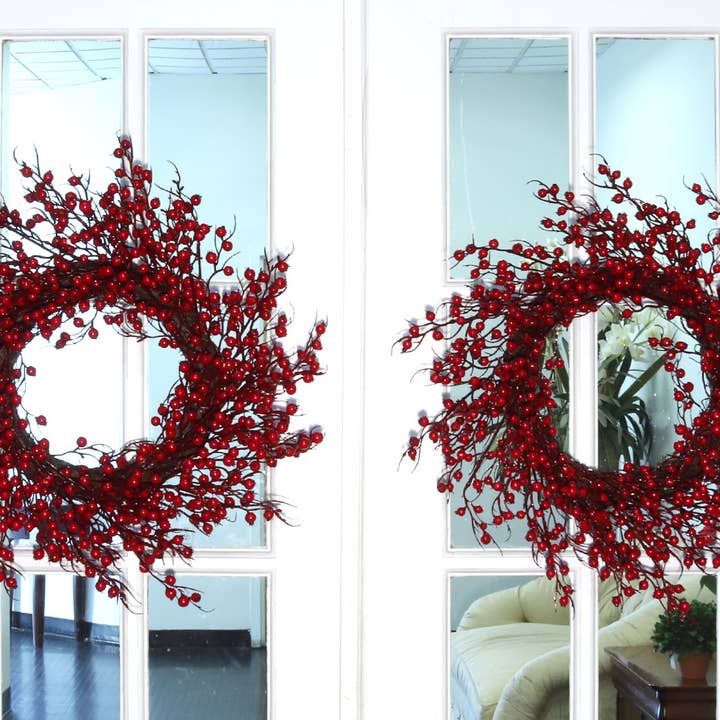 Larksilk - Wholesale Wreath - Set Of 2 Christmas Rosehip Berry Wreaths With Lifelike Red