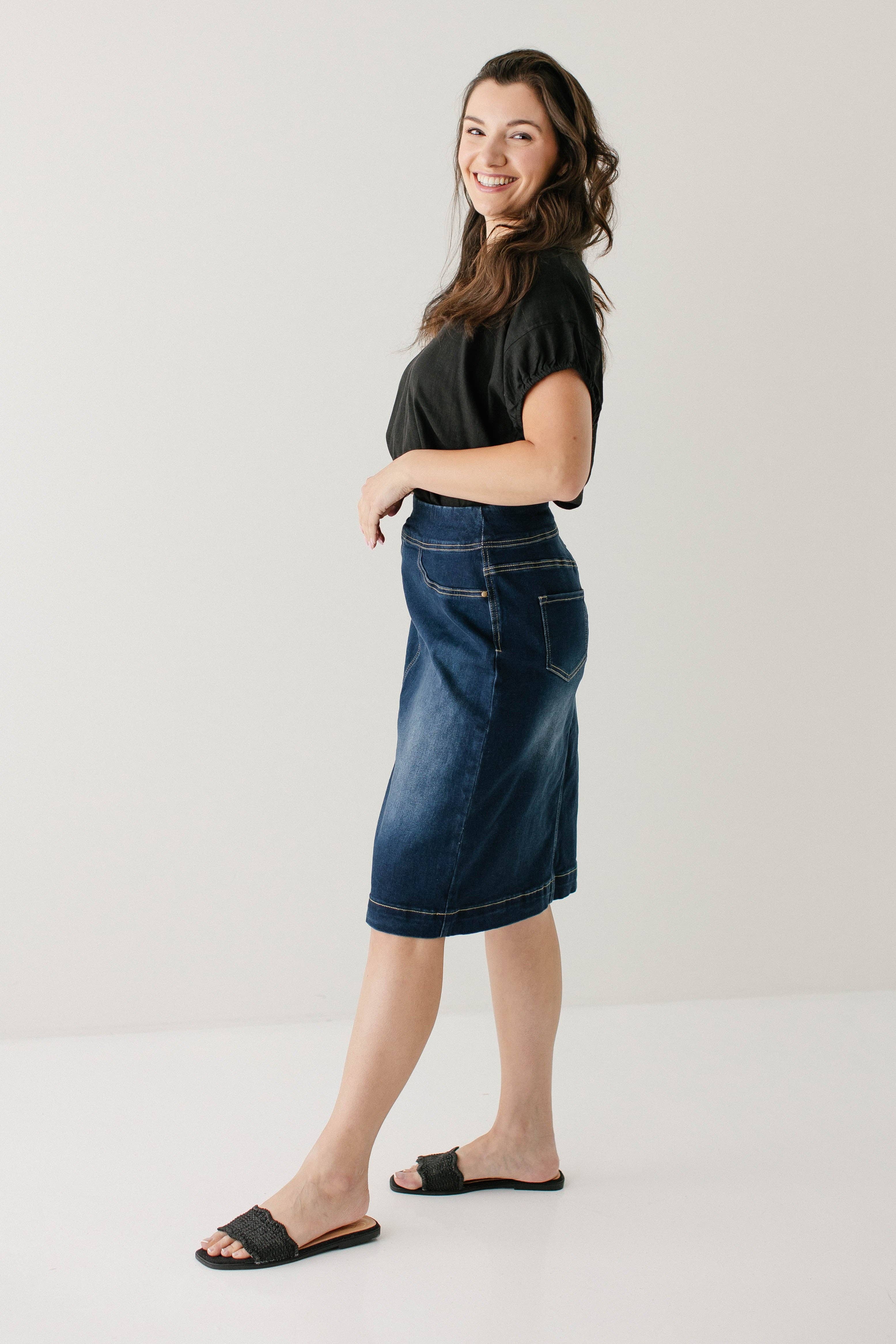 'Sara' Classic Knee Length Dark Denim Skirt for wholesale on Faire22