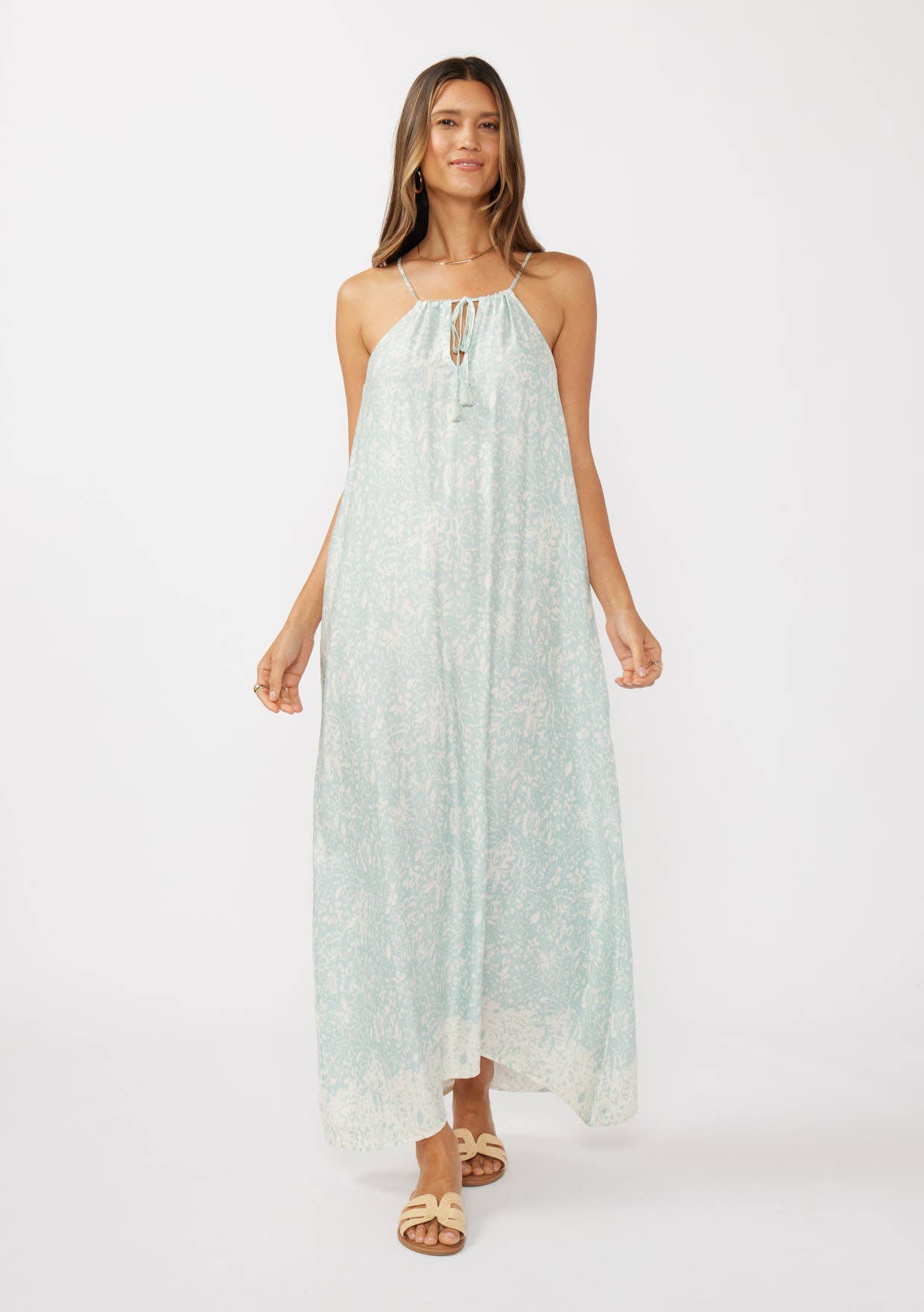 Natural Dusty Blue Halter Neck Spaghetti Strap Maxi Dress with Tie for wholesale on Faire4