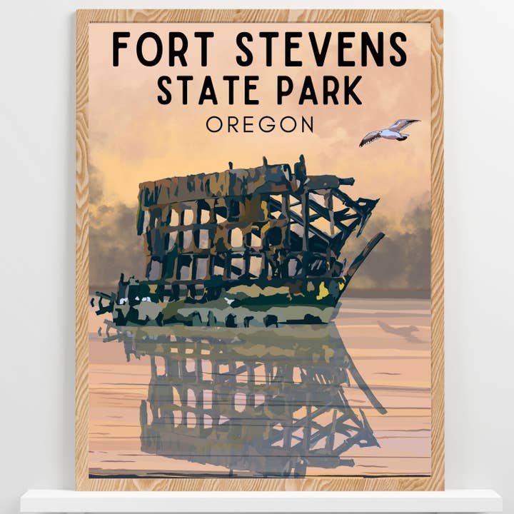 Affiche du parc d'État de Fort Stevens | Parc d'État de l'Oregon — Tirage d'art du Peter Iredale pour la vente par Wild Life Design Co.