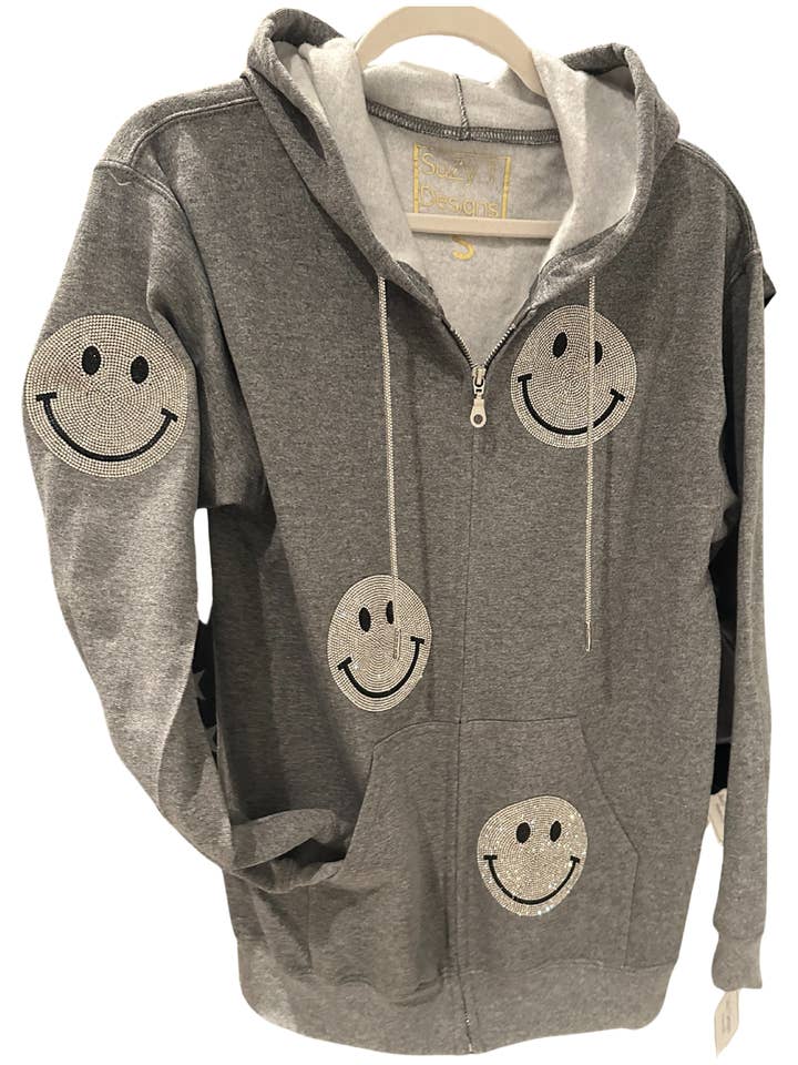 Zip Hoodie med Krystal Smiley Ansigt og Rhinsten Snøre for engroshandel hos Suzy T Designs