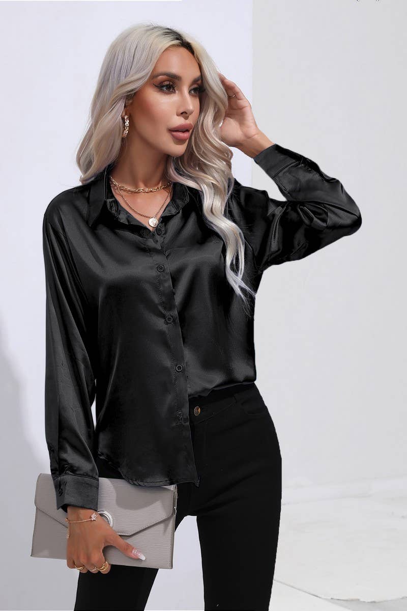 NINEXIS - Wholesale Button Down Shirt - Women's - CWTBLL0690_Button Down Silky Satin Long Sleeve Top31