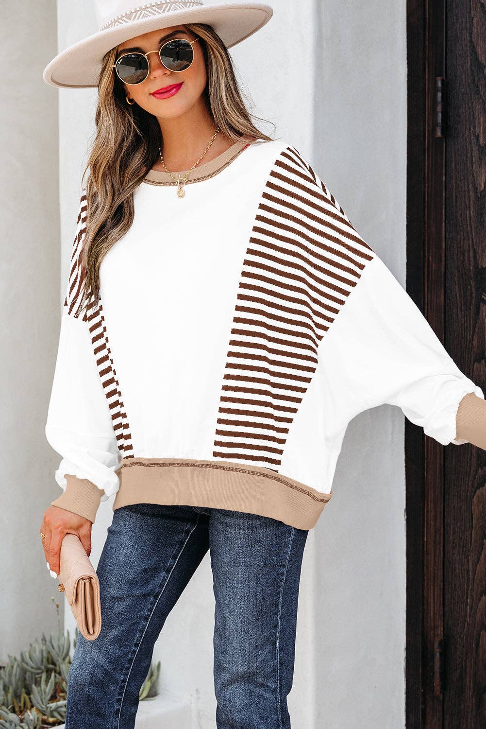 Brown Stripe Colorblock Patchwork Contrast Stitching Oversize Sweatshirt for wholesale on Faire2