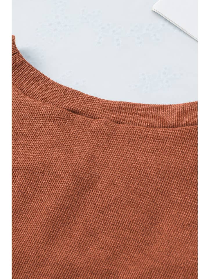 Brown Ribbed Peekaboo Cutout Long Sleeve Top for wholesale on Faire7