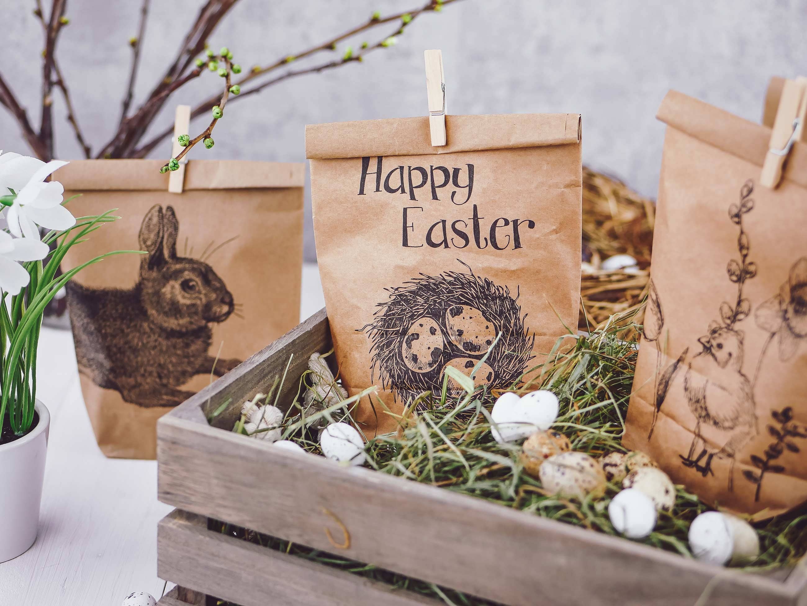 Papierdrachen - Vente Pochette cadeau - Sacs imprimés motif Pâques marron avec « Happy Easter »3