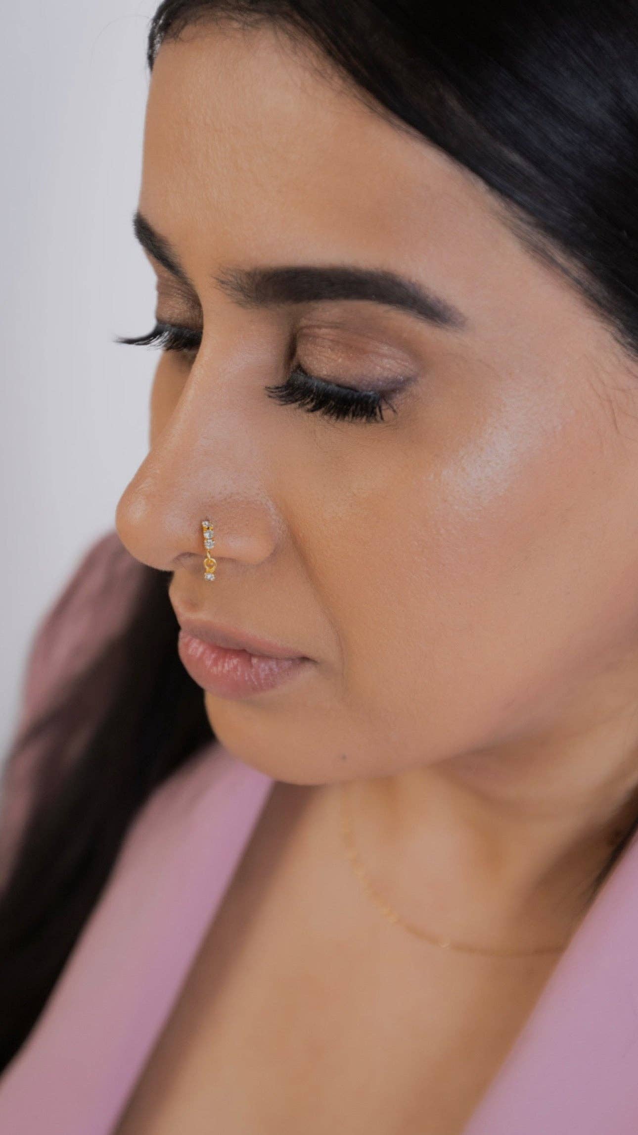 Purple 3 Stone Thick Gold Dangle Nose Ring For a Pierced Nose for wholesale on Faire1