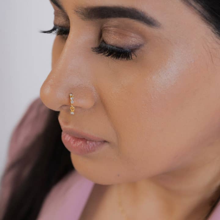 Purple 3 Stone Thick Gold Dangle Nose Ring For a Pierced Nose for wholesale on Faire1