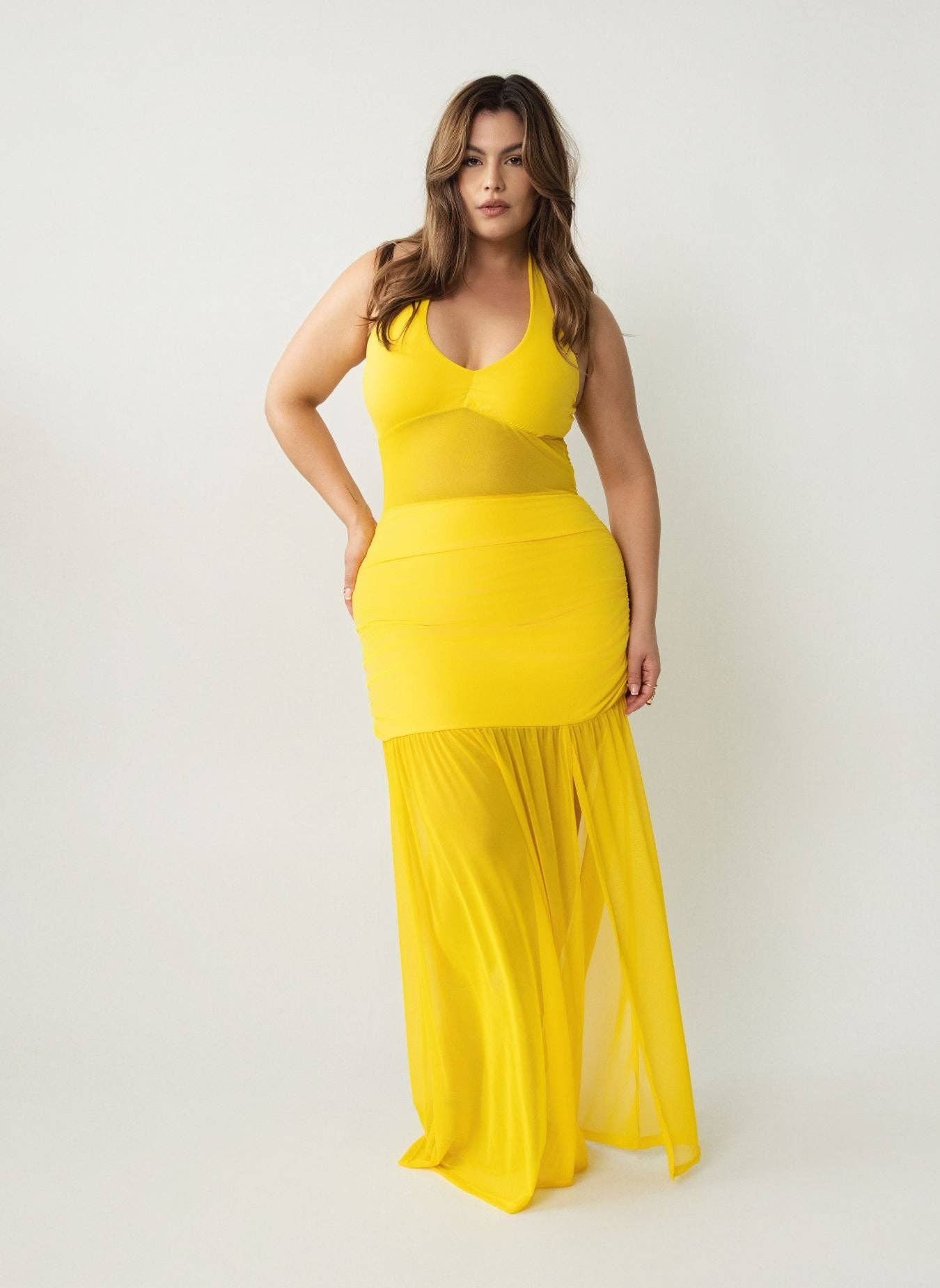 Yellow Malia Halter Mesh Ruched Maxi Dress for wholesale on Faire2