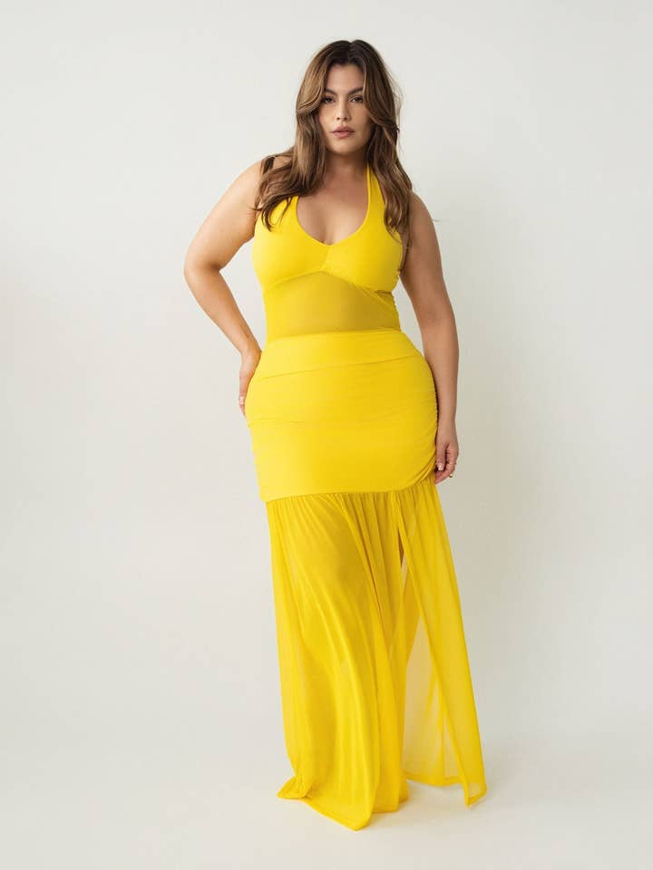 Yellow Malia Halter Mesh Ruched Maxi Dress for wholesale on Faire2