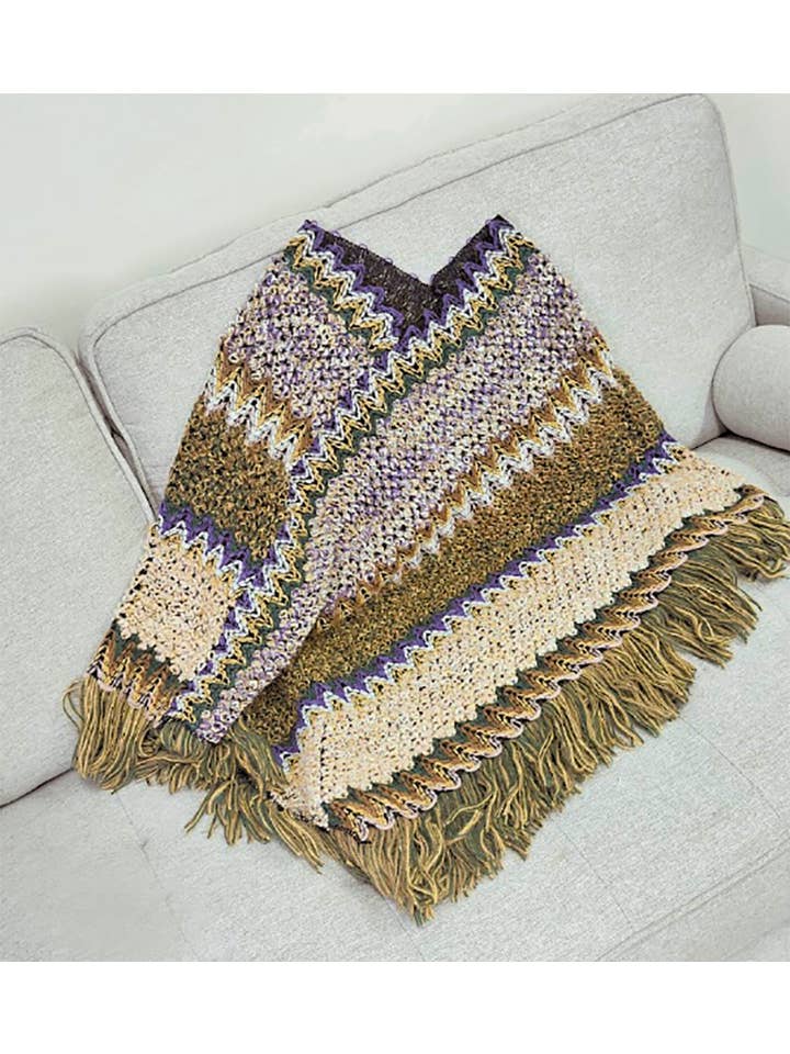 Fennco Styles - Wholesale Poncho - Women's - Green Striped Knit Tassel Pullover Poncho Sweater