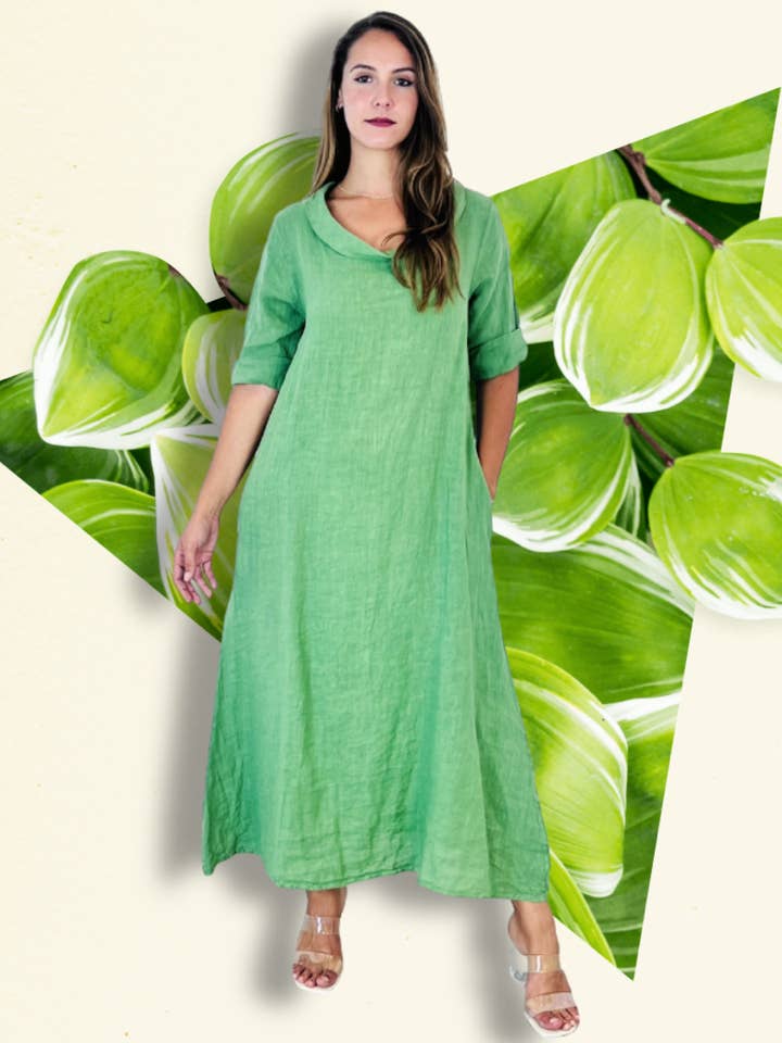 Linen & More – Vestido - Mulher por atacado – REF 25812 VESTIDO COMPRIDO DECOTE BARCO LINHO 100%12