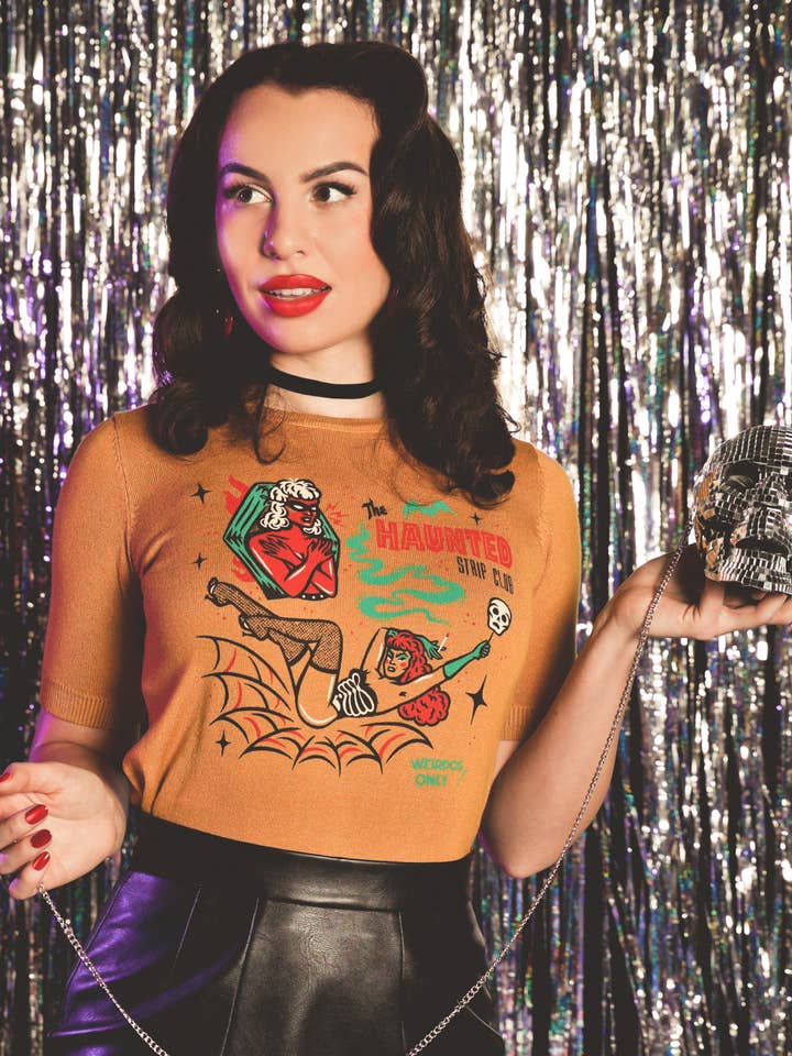 Haunted Strip Club short sleeve Sweater in Bronze for wholesale by Mischief Made