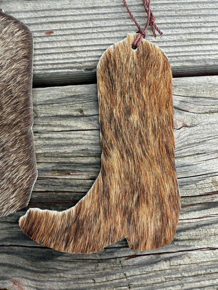 Hair-on cowhide cowboy boot ornament/decor for wholesale by Wild Mountain Soul Designs