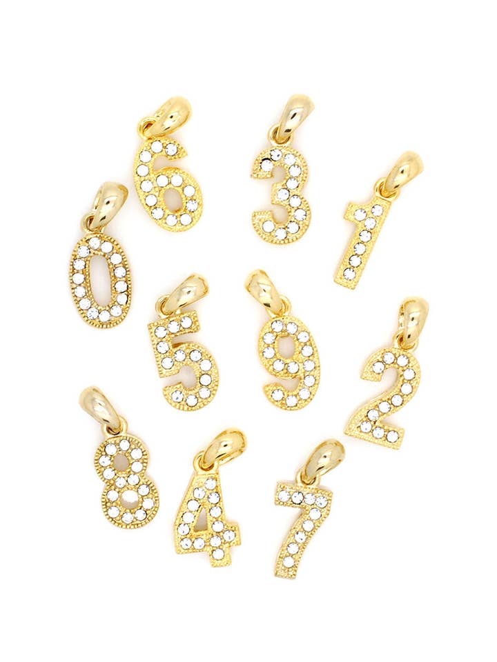 Number Pendant Charms - Gold Crystal for wholesale by Fan Star Jewelry