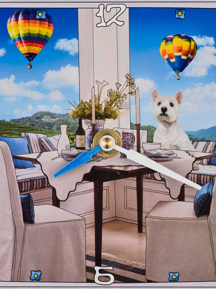 Westie And Balloons, Collage-Uhr für den Großhandel von Lea Alboher