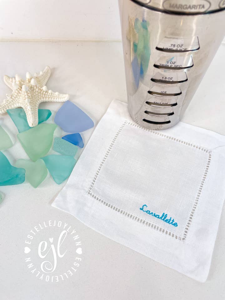 Linen Cocktail Napkins Custom Embroidered Jersey Shore Beach for wholesale by EstelleJoyLynn, LLC