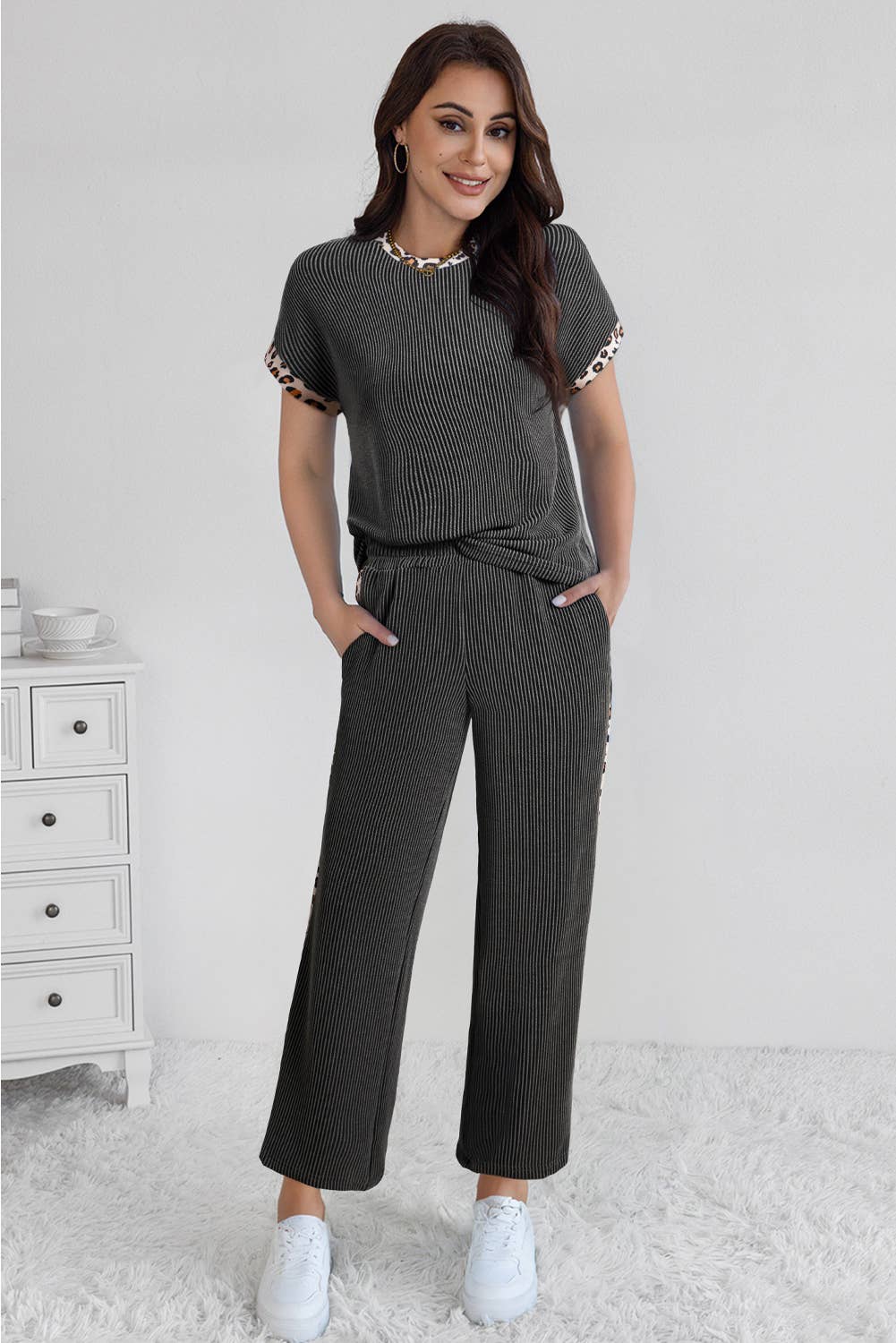 Gray Leopard Patchwork Edge Corded T Shirt and Pants Set for wholesale on Faire0
