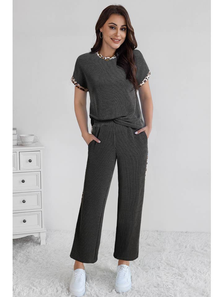 Gray Leopard Patchwork Edge Corded T Shirt and Pants Set for wholesale on Faire