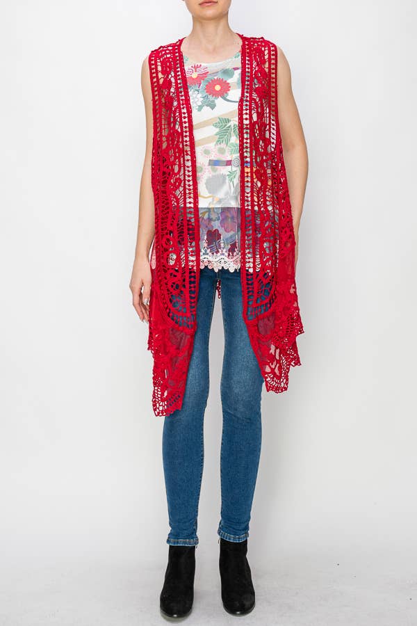 CROCHET VEST WITH LACE LAYER-4421 RED for wholesale on Faire2