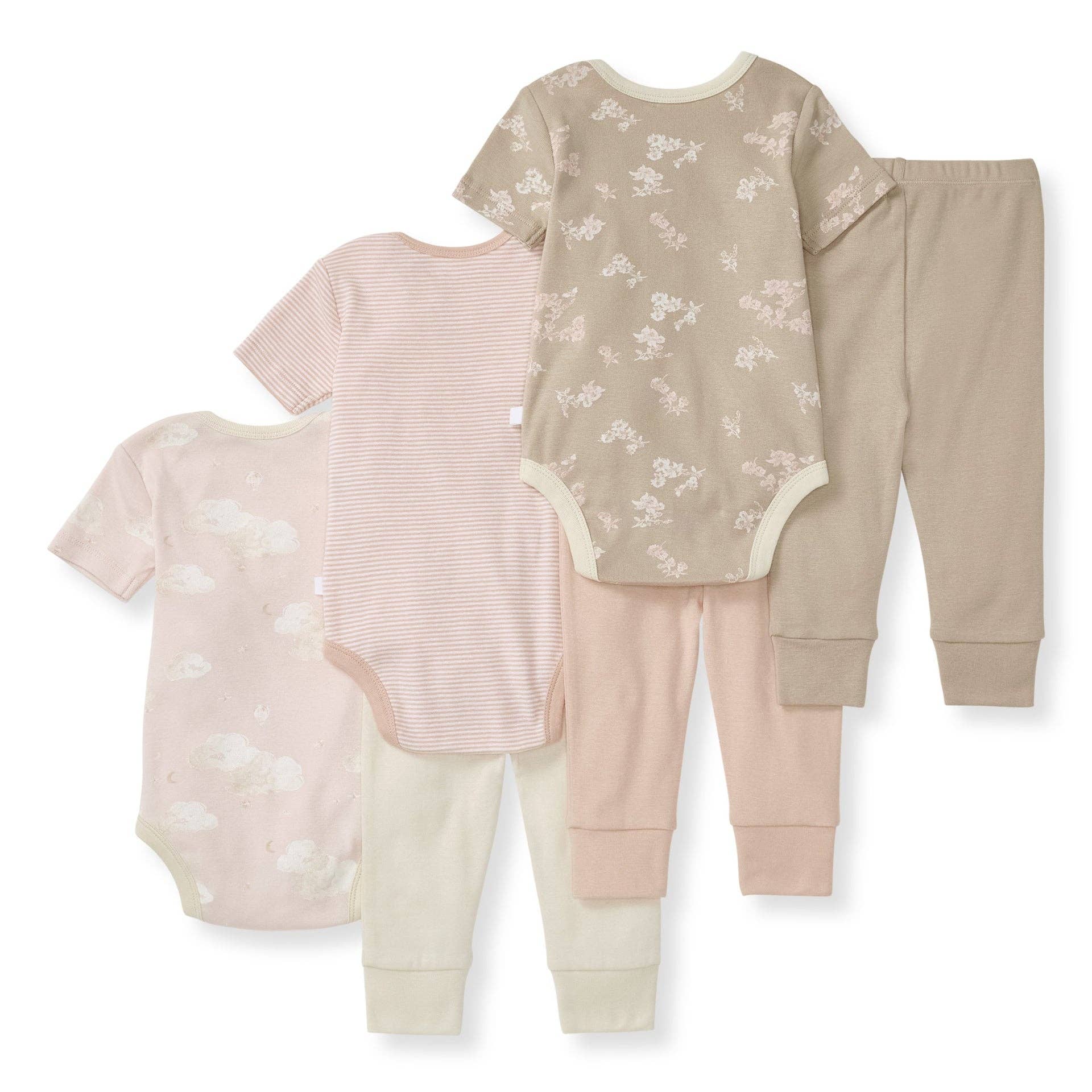 Ranunculus Whimsical Floral Organic Short Sleeve Bodysuit & Pant Set 3 Pack for wholesale on Faire2