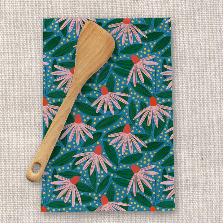 Blue Moon Tea Towel – Echinacea Floral Linen Kitchen Towel for wholesale by Rebecca Jane Woolbright